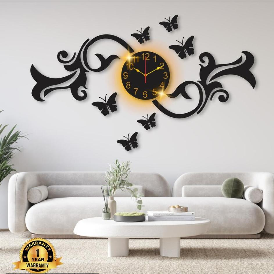 Butterfly Design Laminated Wall Clock With Backlight - 1 Pc