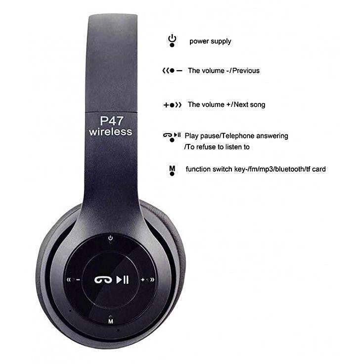 P47 Headphone - Premium Quality Wireless Stereo Headphones, Black