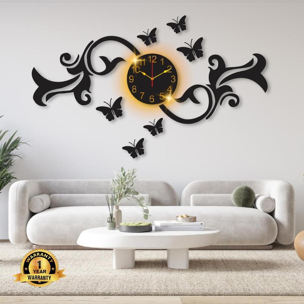 Butterfly Design Laminated Wall Clock With Backlight - 1 Pc